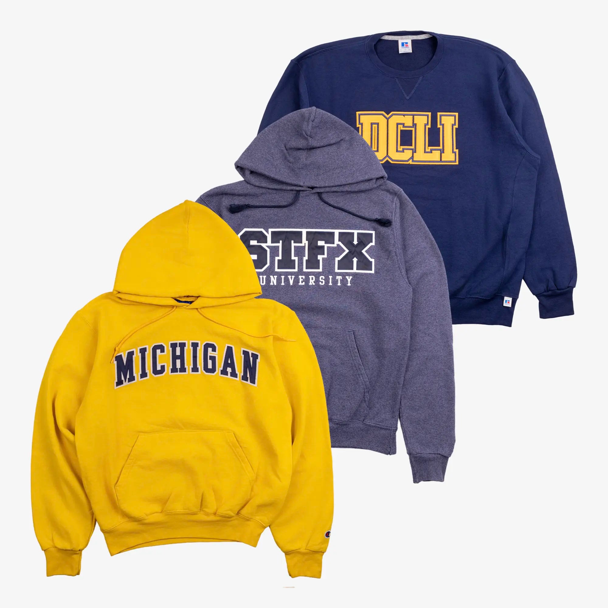 Box of American university sweatshirts